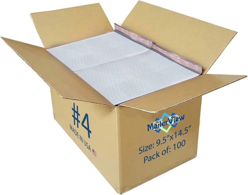 MAILERVIEW White Large Poly Bubble Mailers 9.5x14.5 inch #4 | Self Seal Padded Envelopes Cushioned Bubble Mailer | Usable Size 9.5x13.5 | WaterProof | Lightweight mailing Shipping Bags | 100 Pack Bulk | USA Made - Image 1